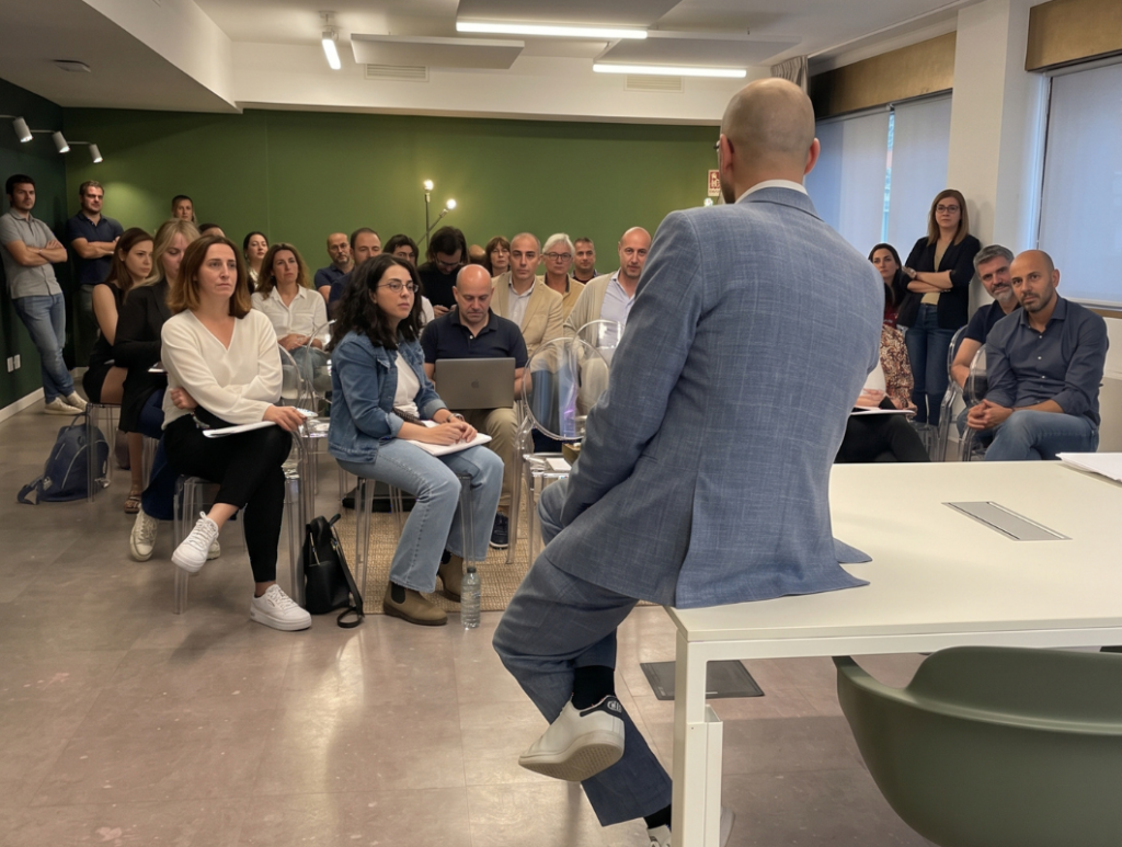 Emanuele Salvi in aula con un gruppo di freelance intorno a un tavolo di lavoro